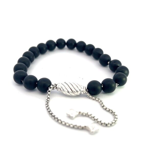 David Yurman Authentic Estate Matte Onyx Beads Bracelet 6.6-8.5" Sil 8 mm DY467